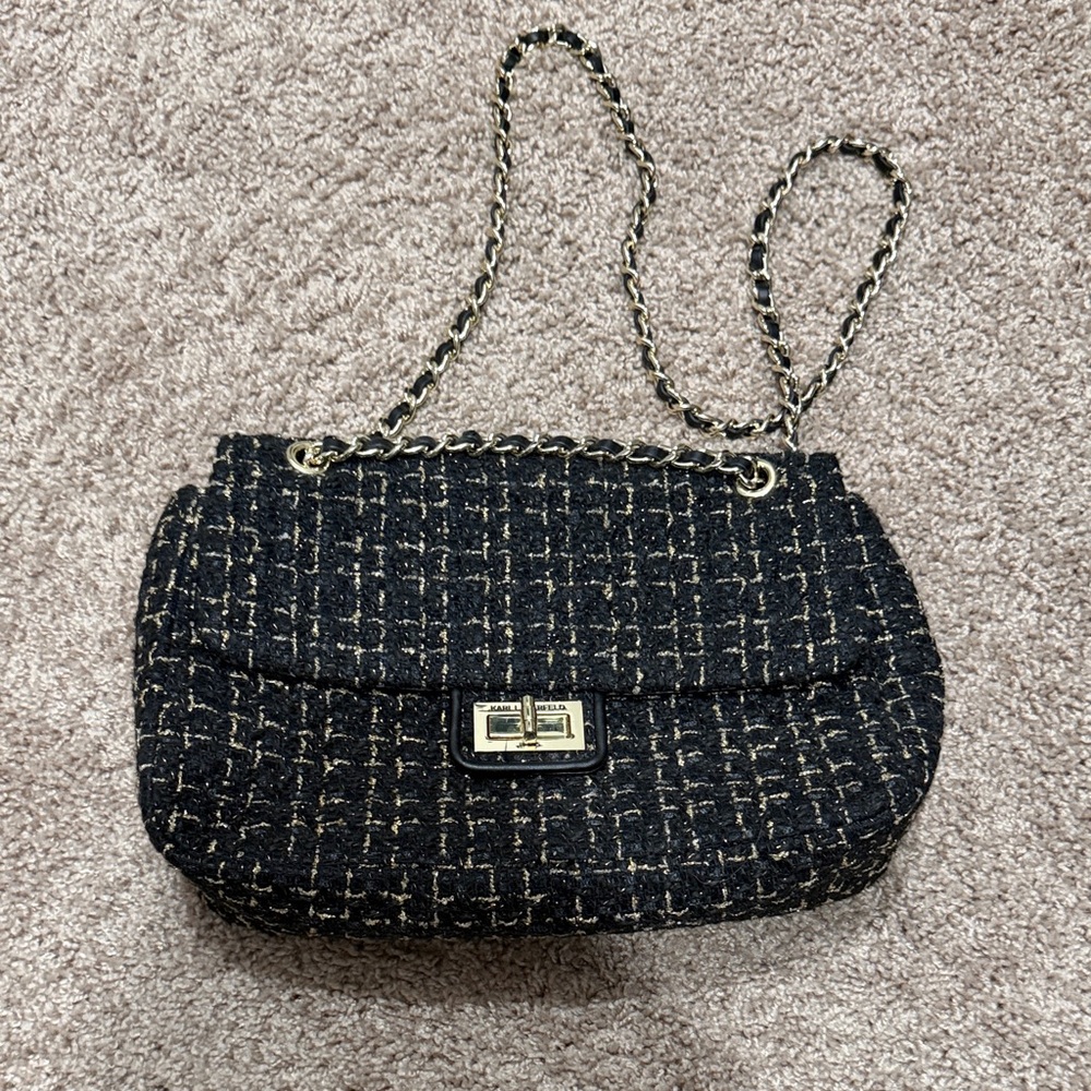 Karl Lagerfeld Black and Gold Tweed Shoulder Bag